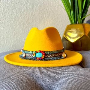Yellow Boho style firm brim hat. Never worn, excellent condition